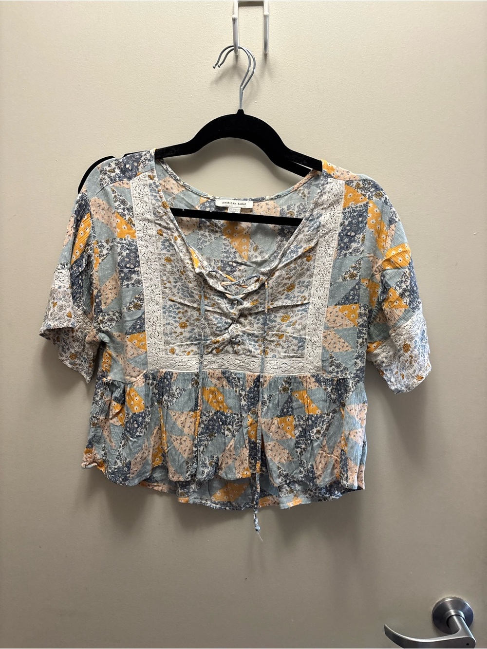 American Eagle Outfitters Patchwork Lace-Trim Crop Top in Blue and Yellow XS
